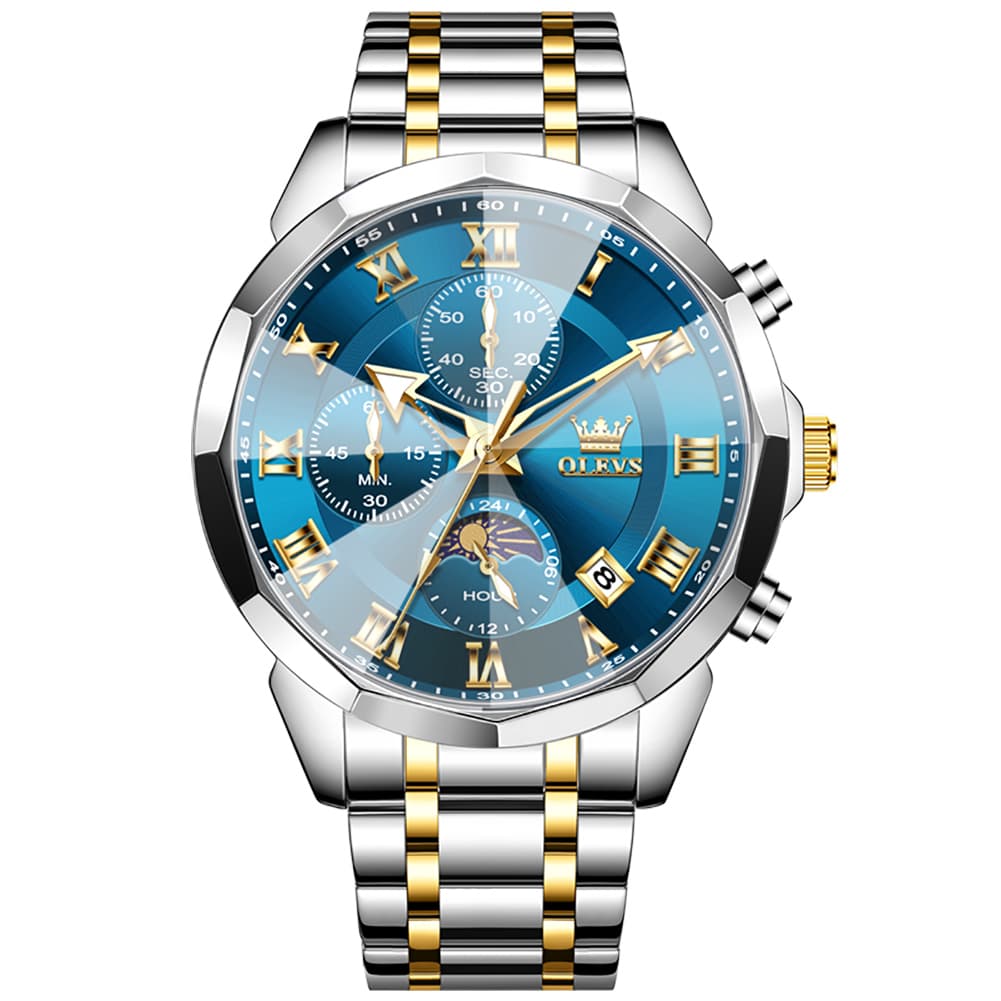 OLEVS "The Commander" Chronograph Watch | 3D Diamond Cut Crystal & Moon Phase