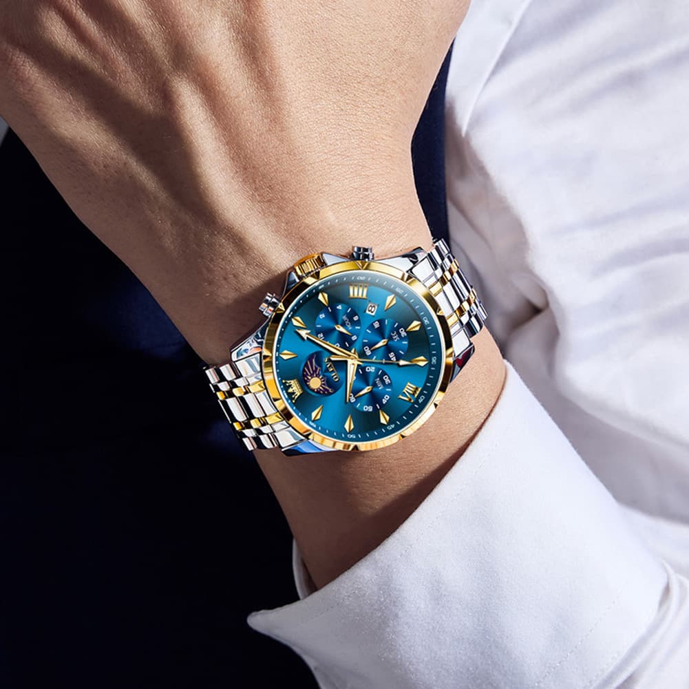 OLEVS "The Diplomat" Dual Time Chronograph | Moon Phase & 2nd Time Zone