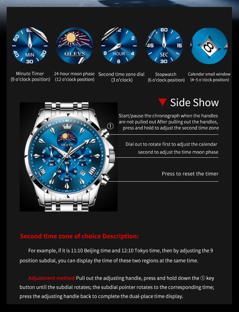 OLEVS "The Diplomat" Dual Time Chronograph | Moon Phase & 2nd Time Zone