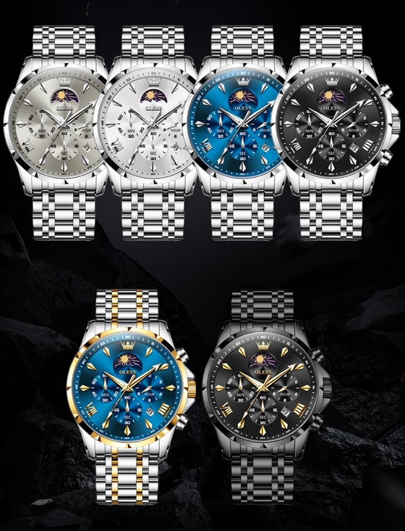 OLEVS "The Diplomat" Dual Time Chronograph | Moon Phase & 2nd Time Zone