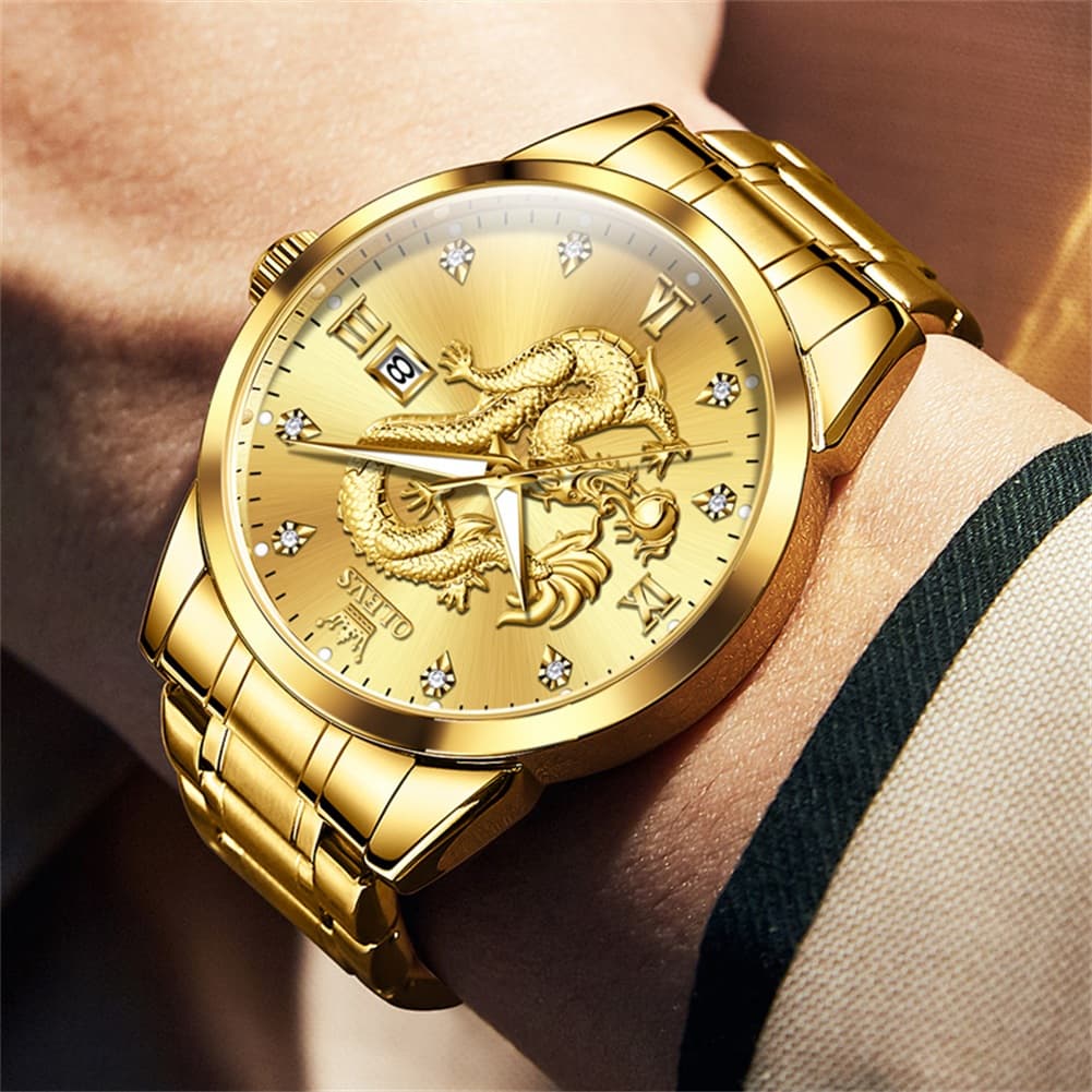 OLEVS "The Emperor" 3D Golden Dragon Watch | Relief Dial & Luminous
