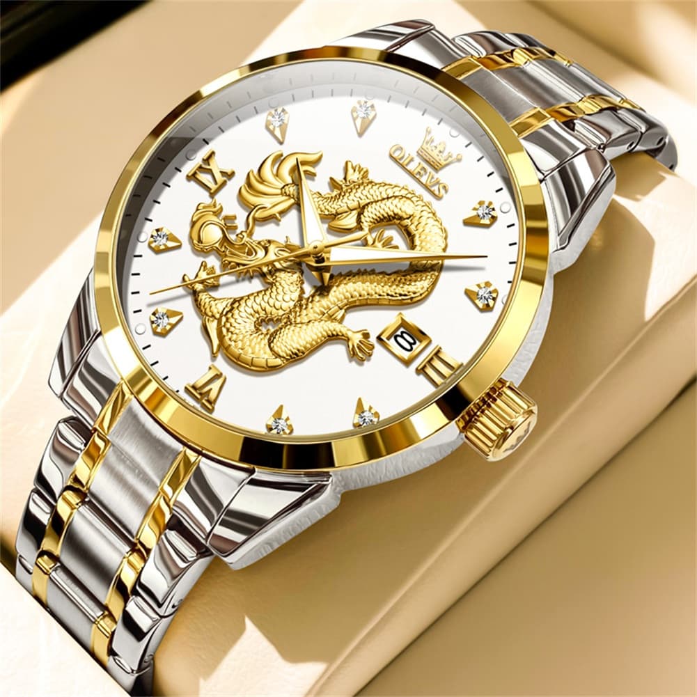 OLEVS "The Emperor" 3D Golden Dragon Watch | Relief Dial & Luminous