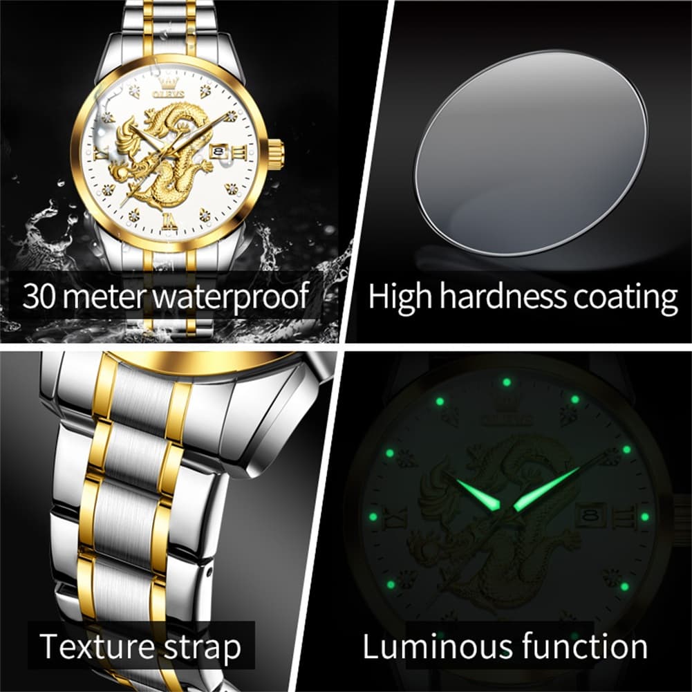 OLEVS "The Emperor" 3D Golden Dragon Watch | Relief Dial & Luminous