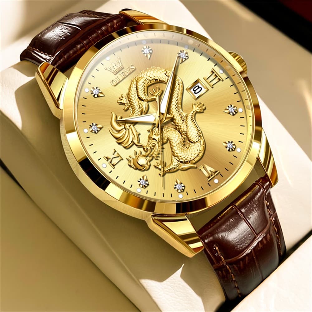 OLEVS "The Emperor" 3D Golden Dragon Watch | Relief Dial & Luminous