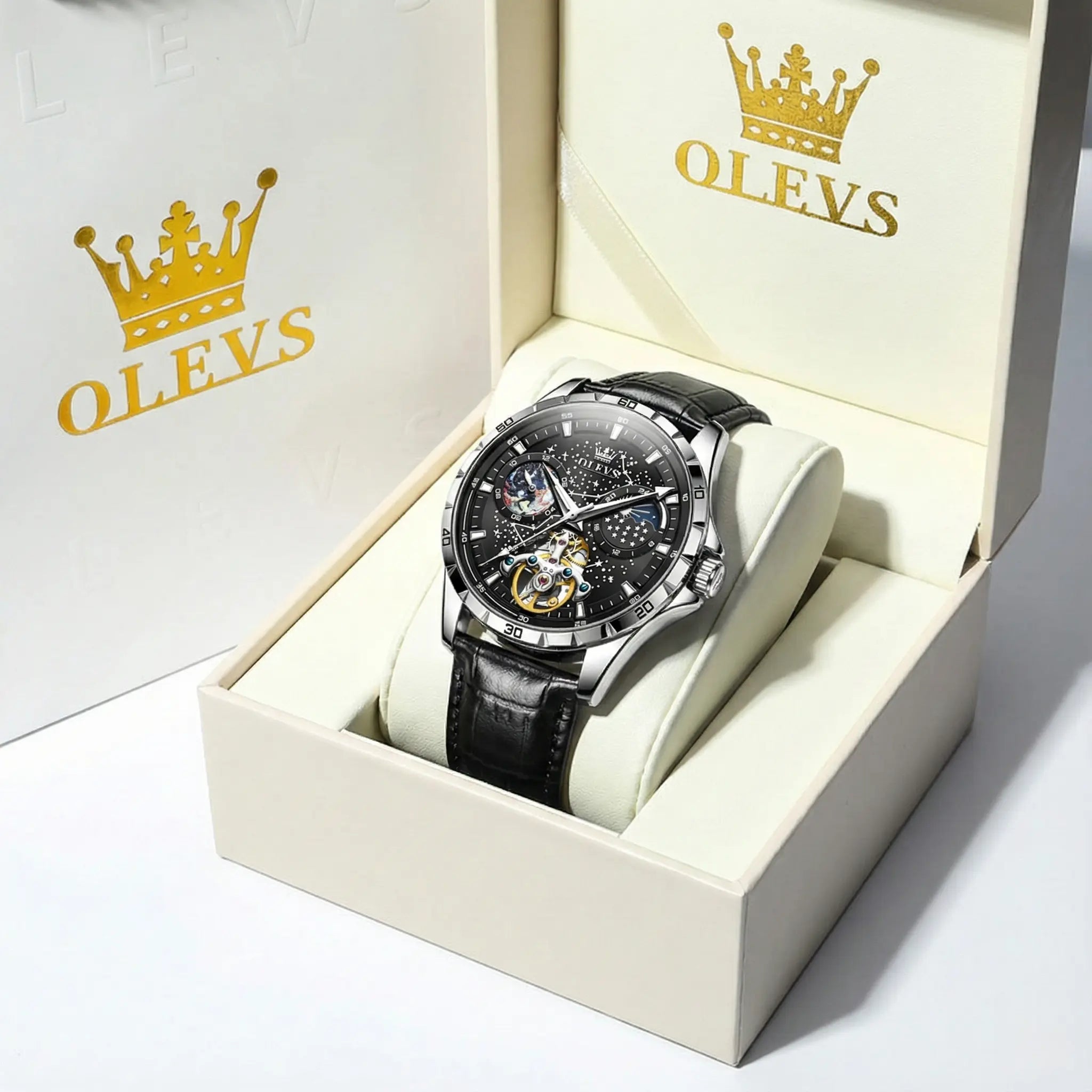 OLEVS "The Galaxy" Skeleton Automatic Watch | Starry Dial & Moon Phase