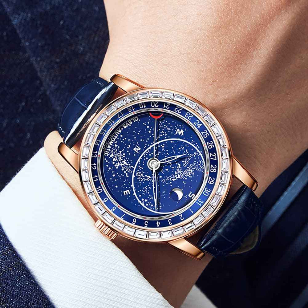 "The Starlight" Rotating Galaxy Automatic Watch | Crystal Bezel & Luminous Sky
