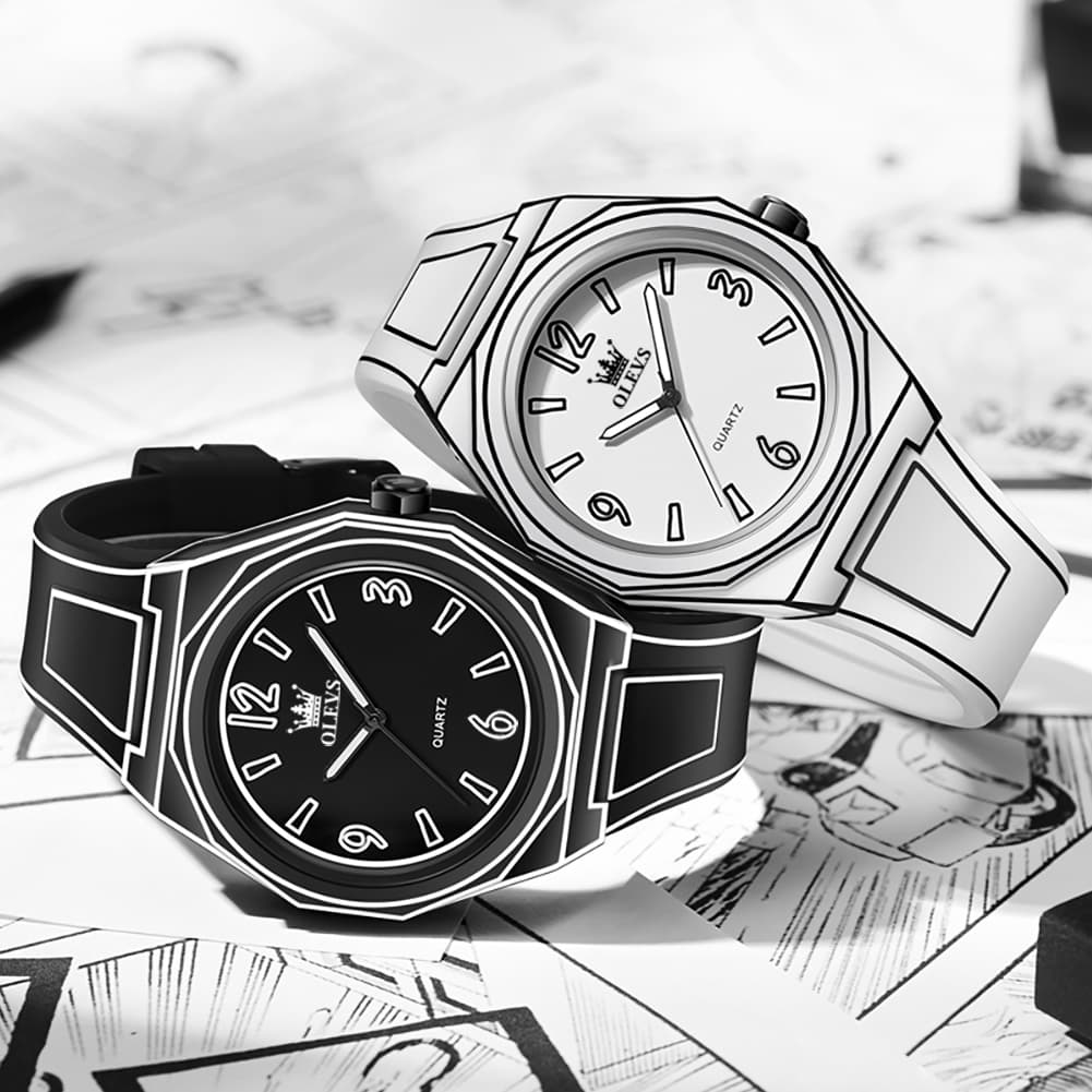 OLEVS 1018 Comic Style Quartz Silicone Watch for Men - Black Watch | Olevs Watch Store