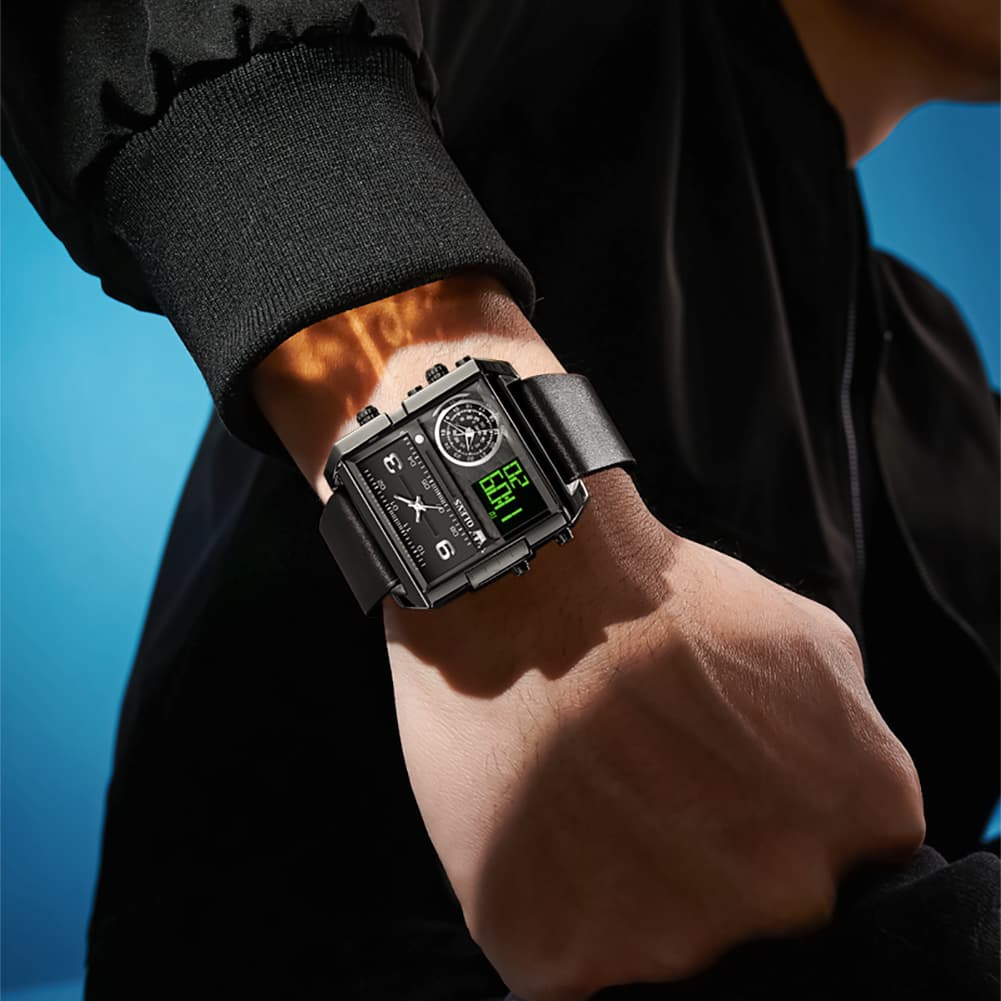 OLEVS 1101 Square Dual Time Analog Digital Watch for Men - All Black Watch | Olevs Watch Store