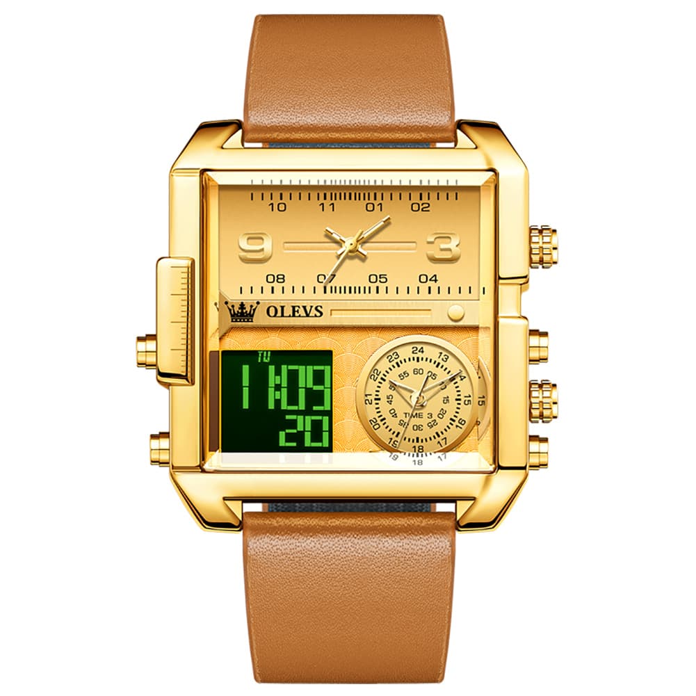 OLEVS 1101 Square Dual Time Analog Digital Watch for Men - All Black Watch | Olevs Watch Store