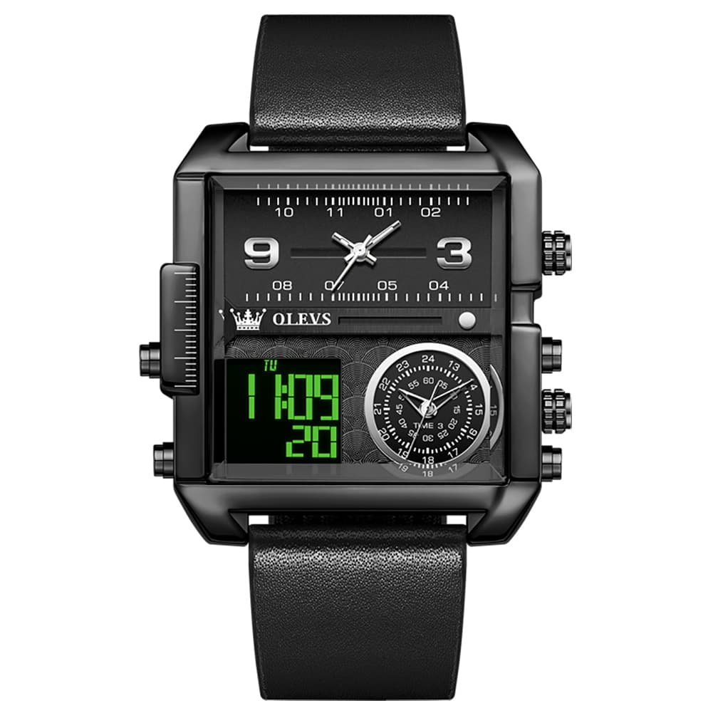 OLEVS 1101 Square Dual Time Analog Digital Watch for Men - All Black Watch | Olevs Watch Store
