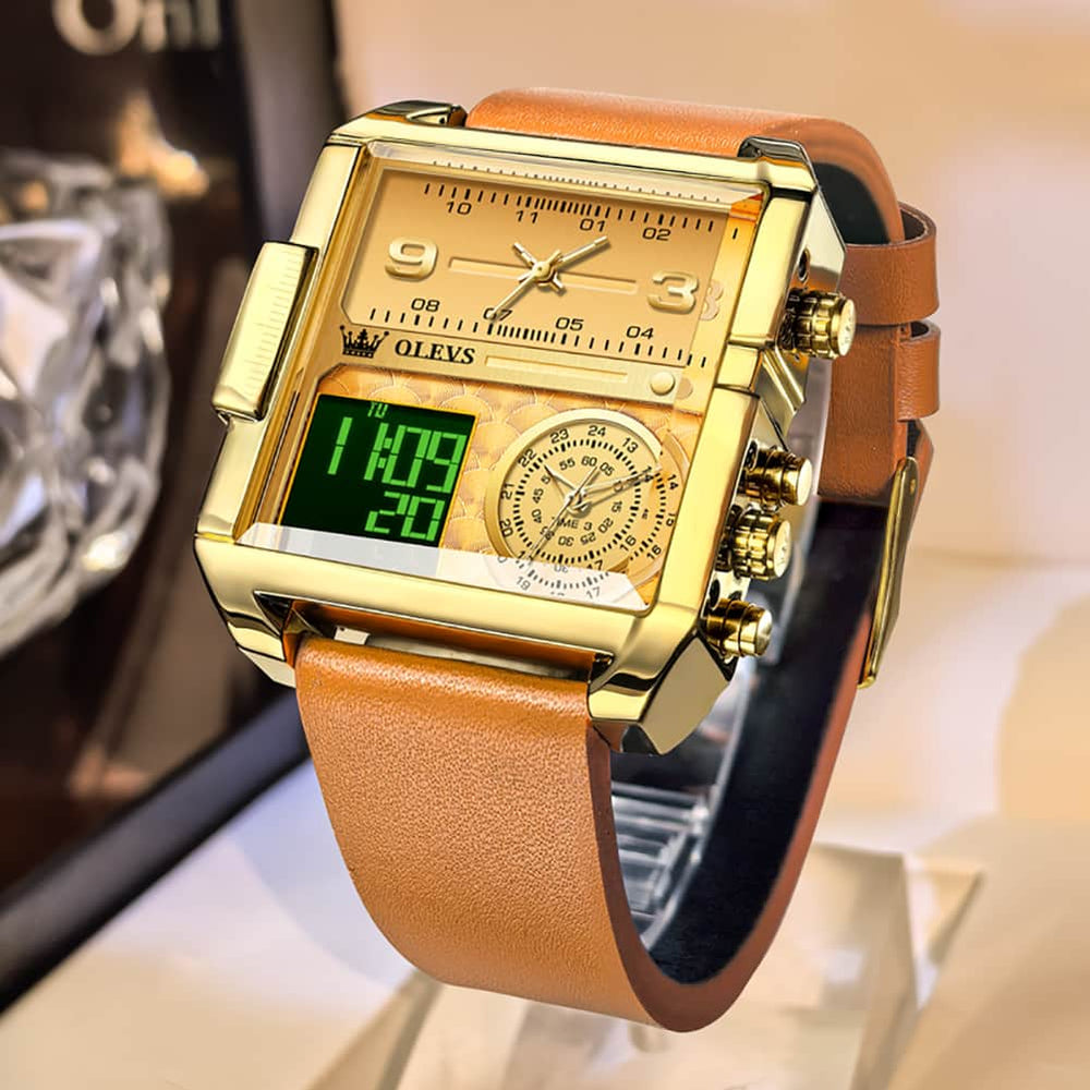 OLEVS 1101 Square Dual Time Analog Digital Watch for Men - All Black Watch | Olevs Watch Store