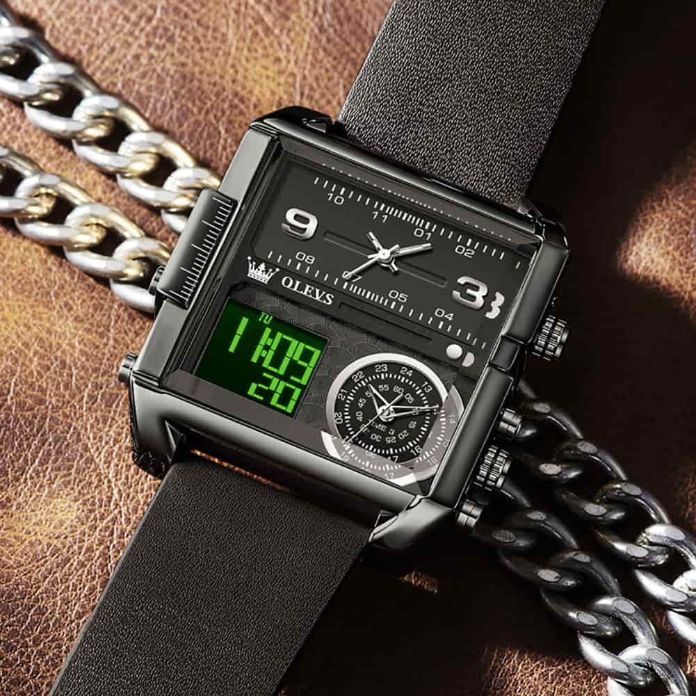 OLEVS 1101 Square Dual Time Analog Digital Watch for Men - All Black Watch | Olevs Watch Store