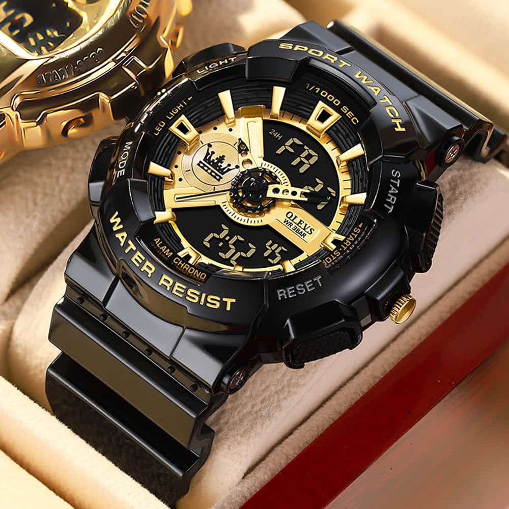 OLEVS 1102 Rugged Dual Display Digital Sport Watch for Men - Black Gold Watch | Olevs Watch Store