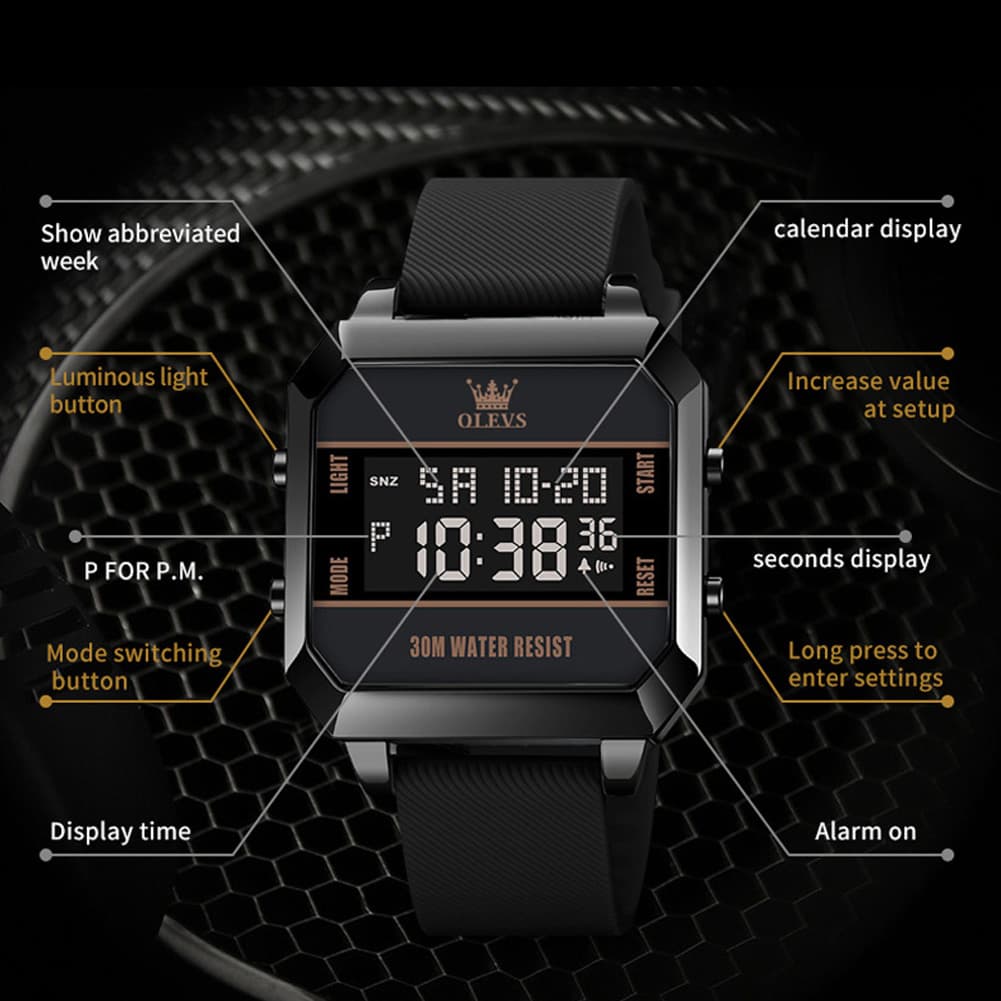OLEVS 1103 Square Digital Streetwear Sport Watch for Men - AllBlack Watch | Olevs Watch Store