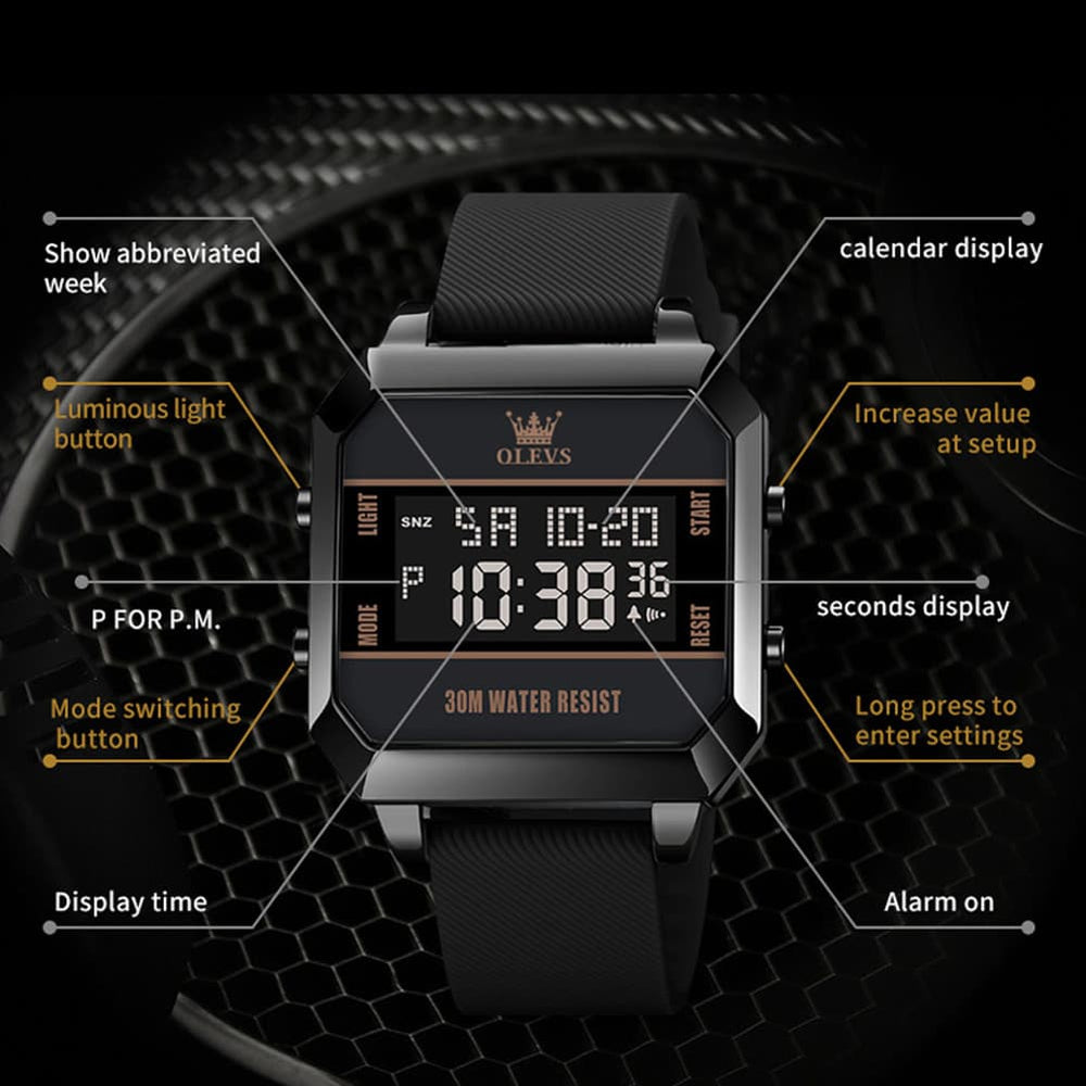 OLEVS 1103 Square Digital Streetwear Sport Watch for Men - AllBlack Watch | Olevs Watch Store