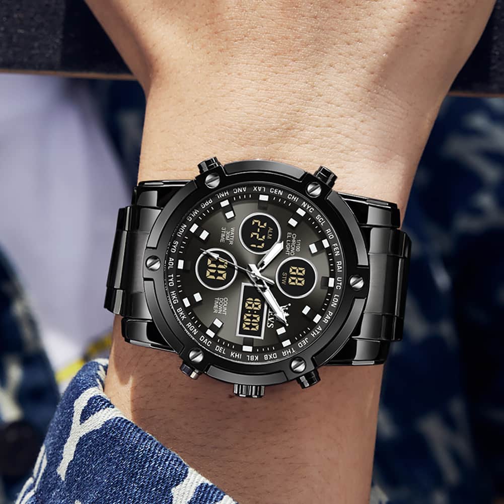 OLEVS 1106 Heavy Duty Dual Display Chronograph Watch for Men - All Black Watch | Olevs Watch Store
