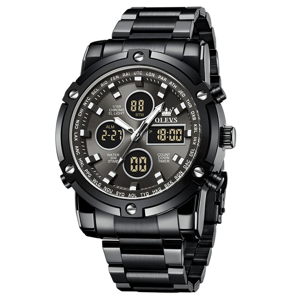 OLEVS 1106 Heavy Duty Dual Display Chronograph Watch for Men - All Black Watch | Olevs Watch Store