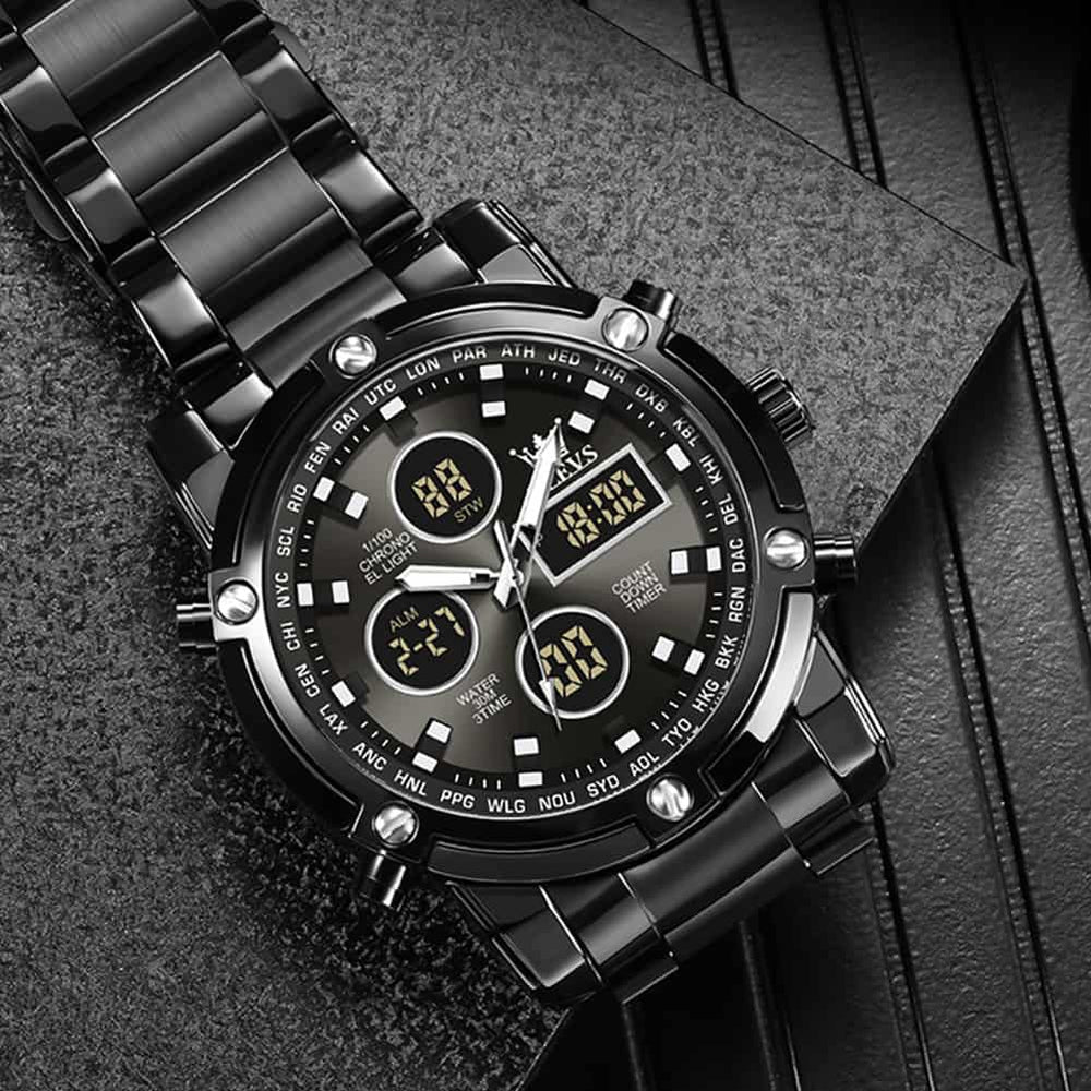 OLEVS 1106 Heavy Duty Dual Display Chronograph Watch for Men - All Black Watch | Olevs Watch Store