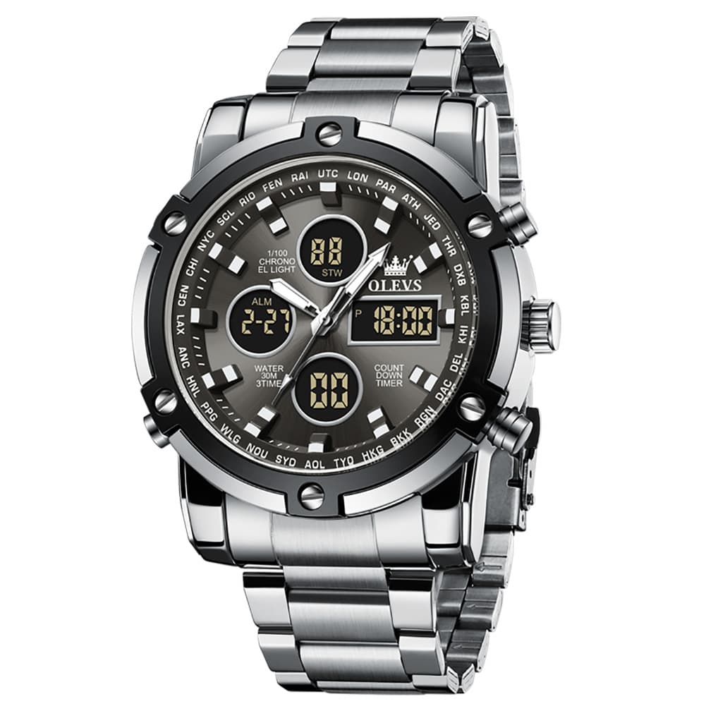 OLEVS 1106 Heavy Duty Dual Display Chronograph Watch for Men - Silver Black Watch | Olevs Watch Store