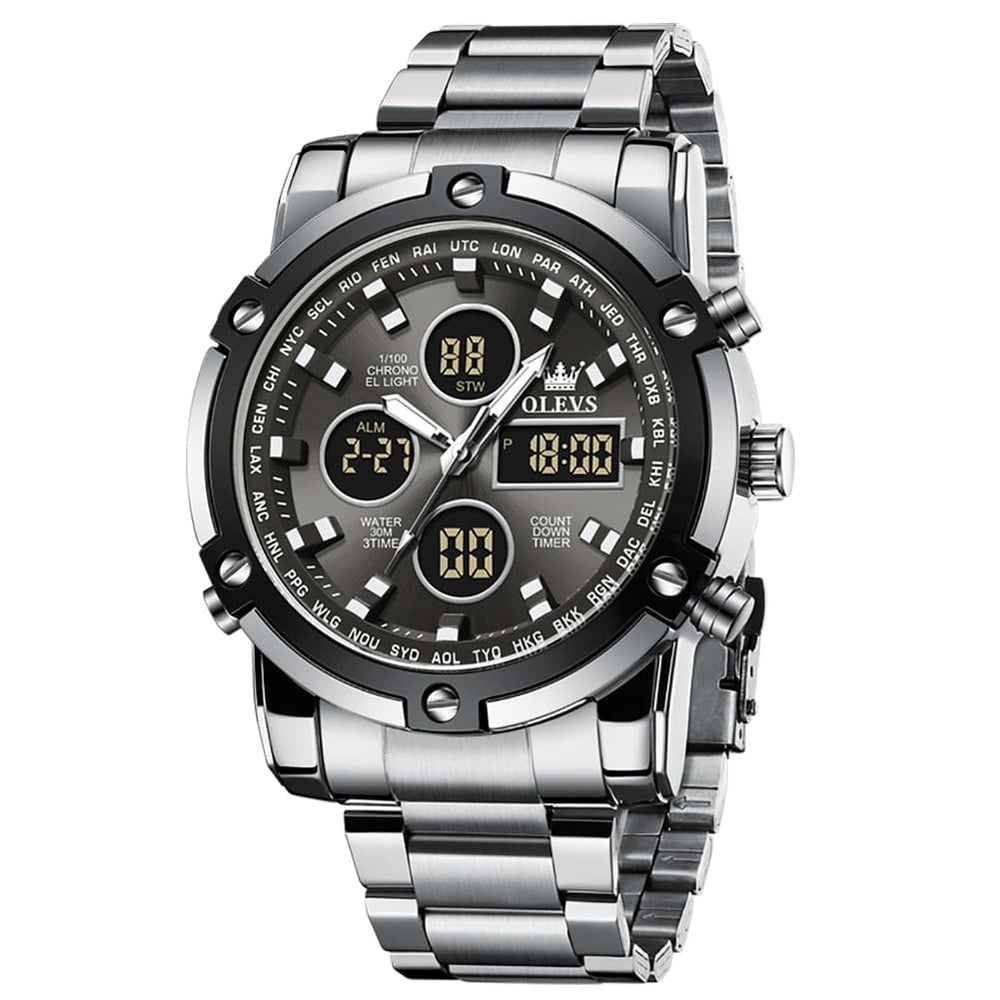 OLEVS 1106 Heavy Duty Dual Display Chronograph Watch for Men - Silver Black Watch | Olevs Watch Store