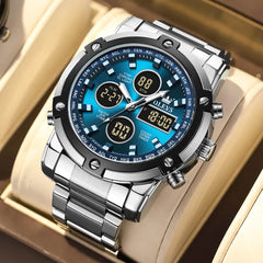 OLEVS 1106 Heavy Duty Dual Display Chronograph Watch for Men - Silver Blue Watch | Olevs Watch Store