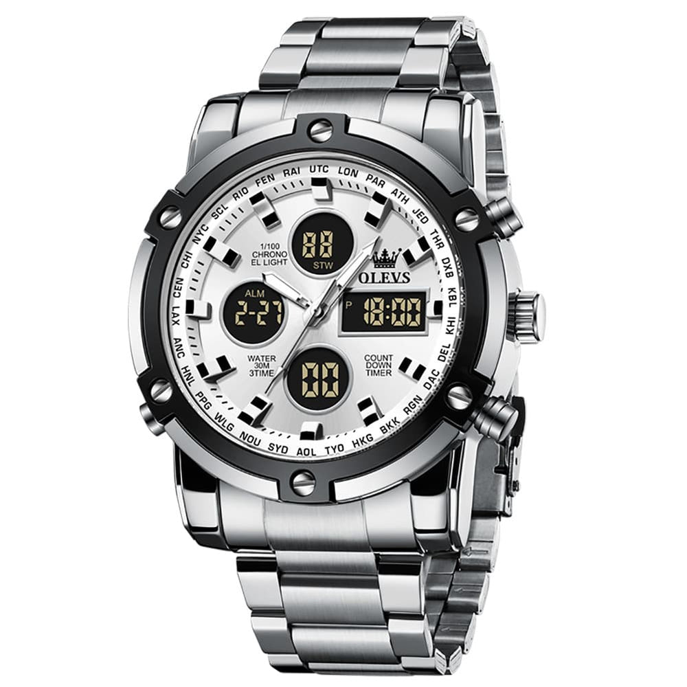 OLEVS 1106 Heavy Duty Dual Display Chronograph Watch for Men - Silver White Watch | Olevs Watch Store