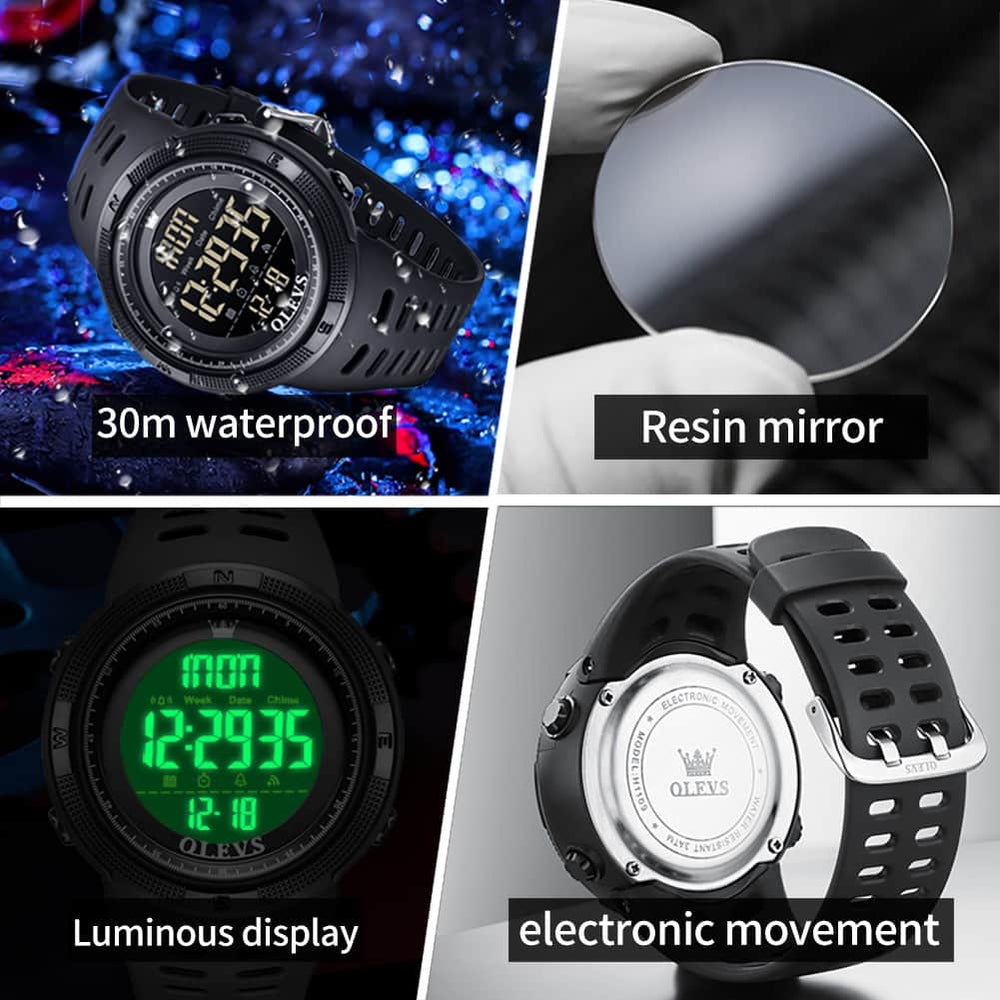 OLEVS 1109 Tactical Digital Sport Watch for Men - All Black Watch | Olevs Watch Store