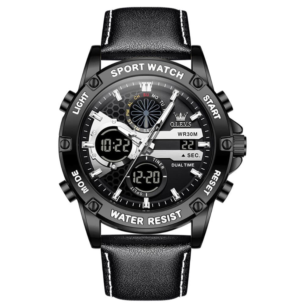 OLEVS 1110 Rugged Dual Display Leather Sport Watch for Men - All Black Watch | Olevs Watch Store