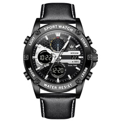 OLEVS 1110 Rugged Dual Display Leather Sport Watch for Men - All Black Watch | Olevs Watch Store