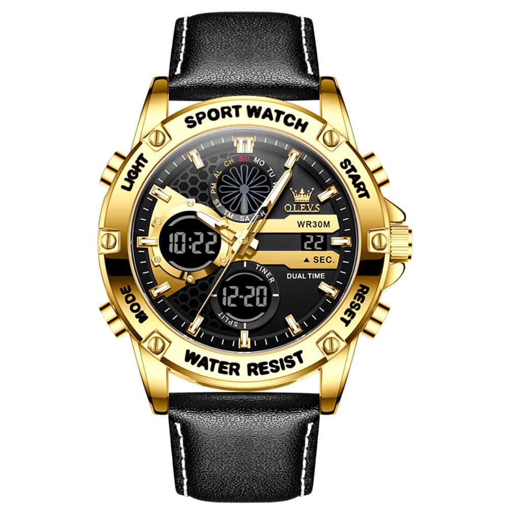 OLEVS 1110 Rugged Dual Display Leather Sport Watch for Men - Gold Black Watch | Olevs Watch Store