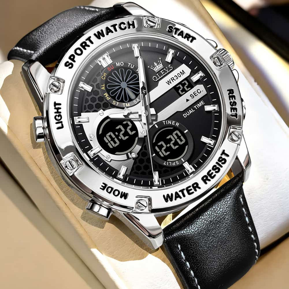 OLEVS 1110 Rugged Dual Display Leather Sport Watch for Men - Silver Brown Watch | Olevs Watch Store