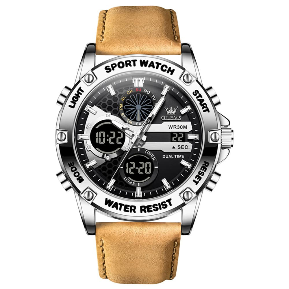 OLEVS 1110 Rugged Dual Display Leather Sport Watch for Men - Silver Brown Watch | Olevs Watch Store
