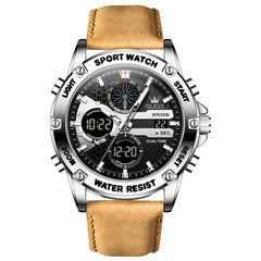 OLEVS 1110 Rugged Dual Display Leather Sport Watch for Men - Silver Brown Watch | Olevs Watch Store