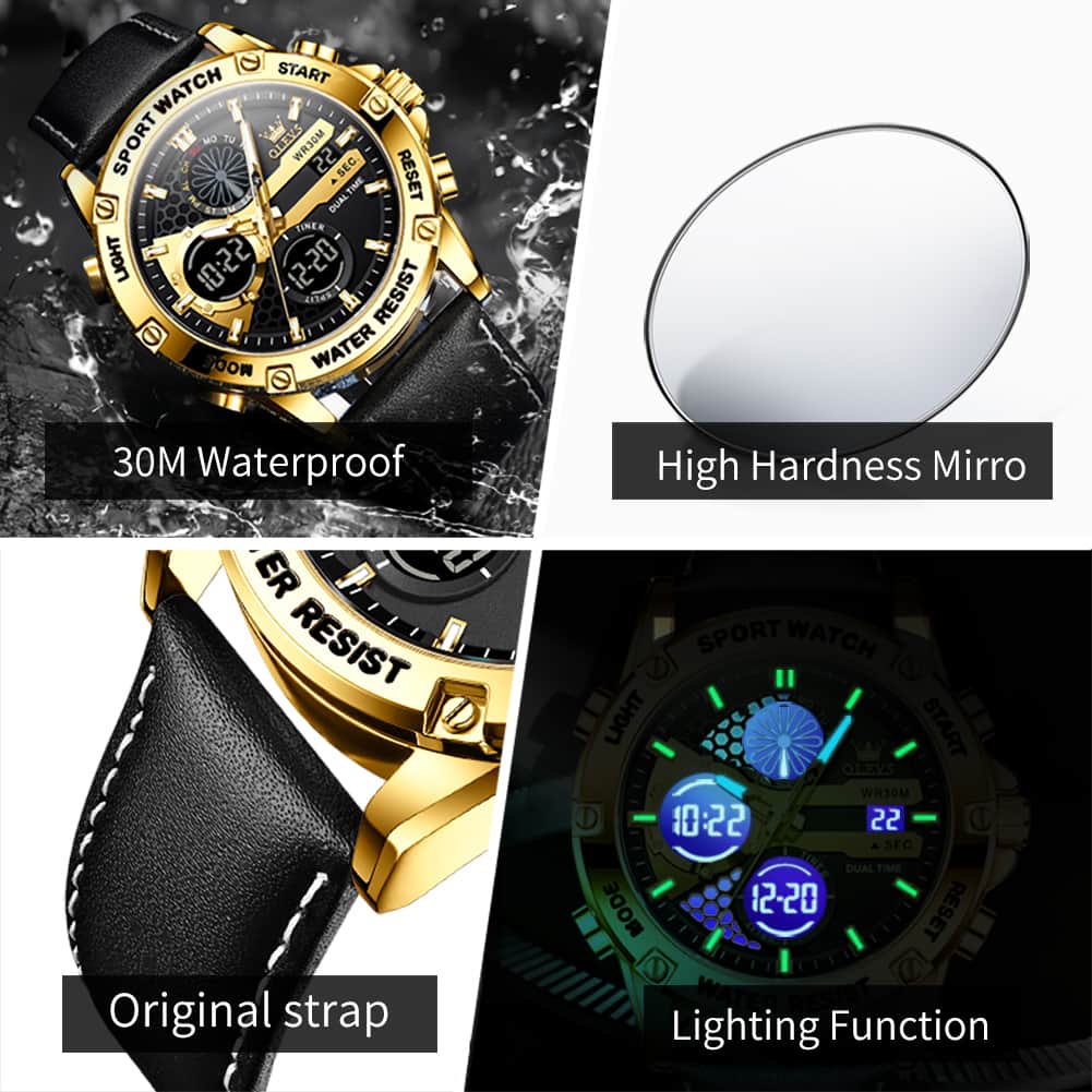 OLEVS 1110 Rugged Dual Display Leather Sport Watch for Men - Silver Brown Watch | Olevs Watch Store