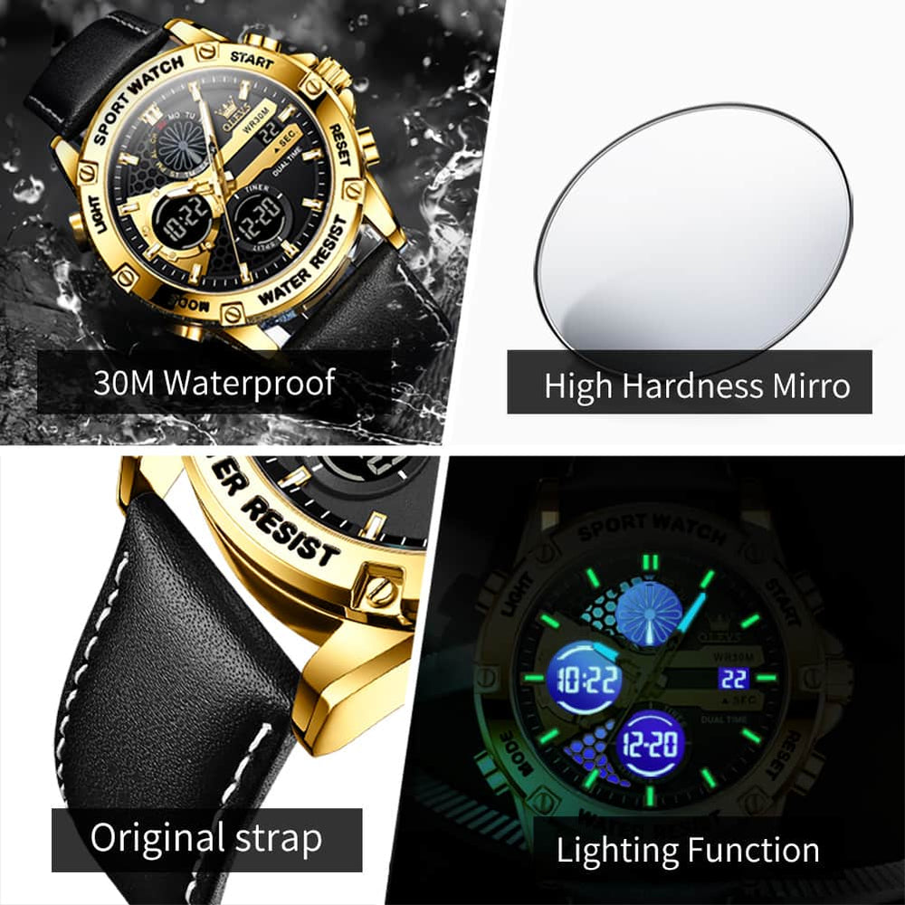 OLEVS 1110 Rugged Dual Display Leather Sport Watch for Men - Silver Brown Watch | Olevs Watch Store
