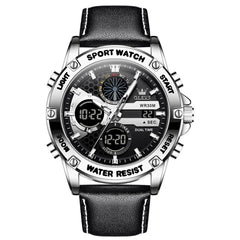 OLEVS 1110 Rugged Dual Display Leather Sport Watch for Men - Silver White Watch | Olevs Watch Store