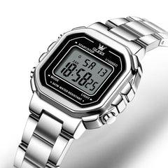 silver black square digital watch close up - OLEVS 1111