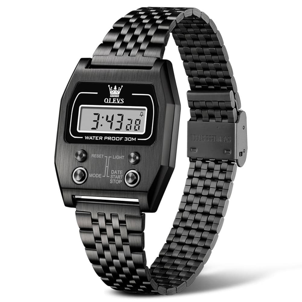 OLEVS 1113 Vintage Retro Digital Steel Watch for Men Women - All Black Watch | Olevs Watch Store