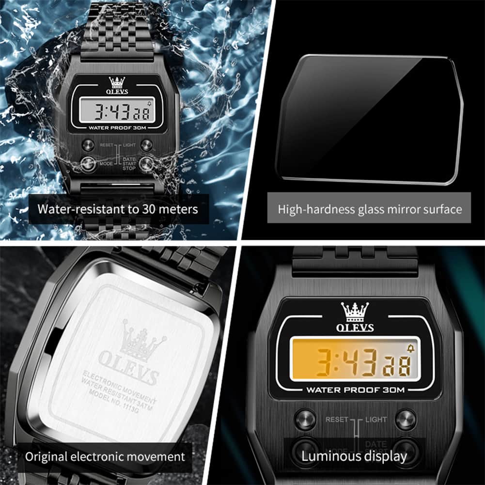 OLEVS 1113 Vintage Retro Digital Steel Watch for Men Women - All Black Watch | Olevs Watch Store