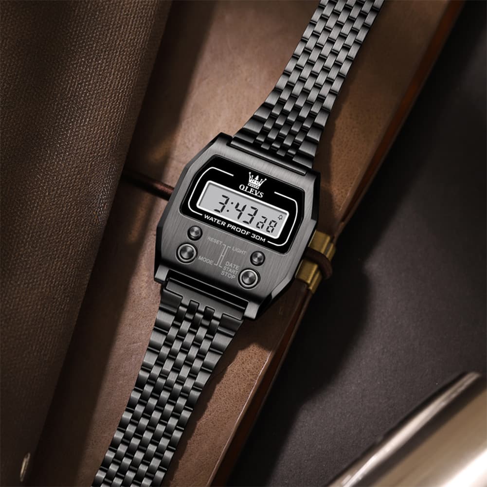 OLEVS 1113 Vintage Retro Digital Steel Watch for Men Women - All Black Watch | Olevs Watch Store