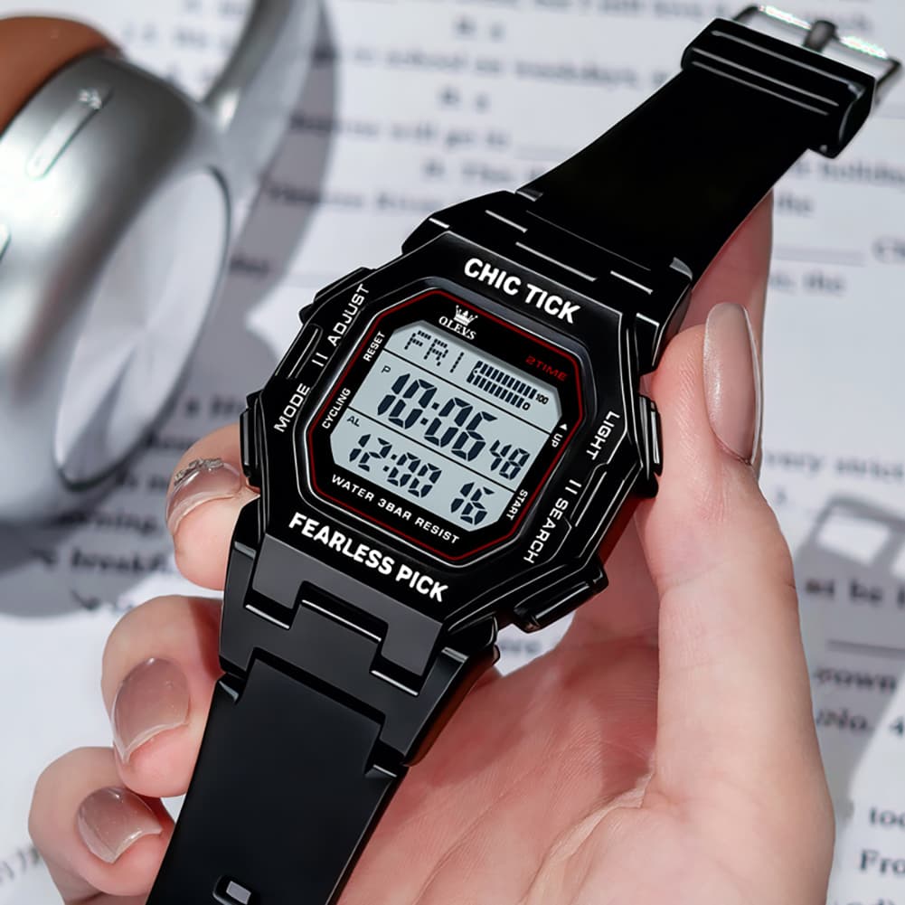 OLEVS 1119 Classic Retro Octagon Digital Sport Watch Unisex - All Black Watch | Olevs Watch Store