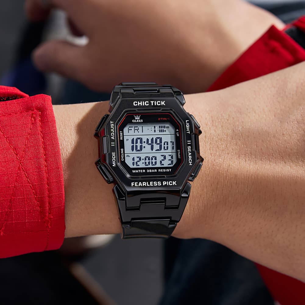 OLEVS 1119 Classic Retro Octagon Digital Sport Watch Unisex - All Black Watch | Olevs Watch Store