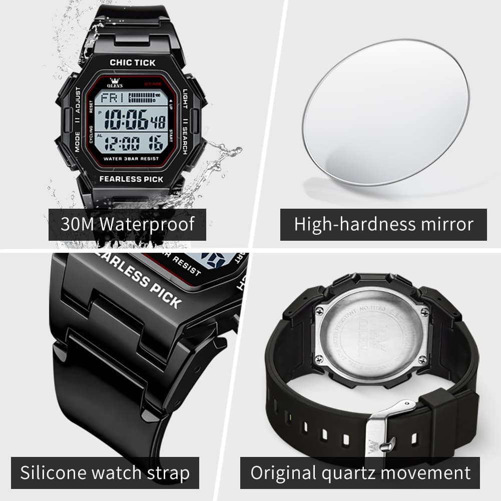 OLEVS 1119 Classic Retro Octagon Digital Sport Watch Unisex - All Black Watch | Olevs Watch Store