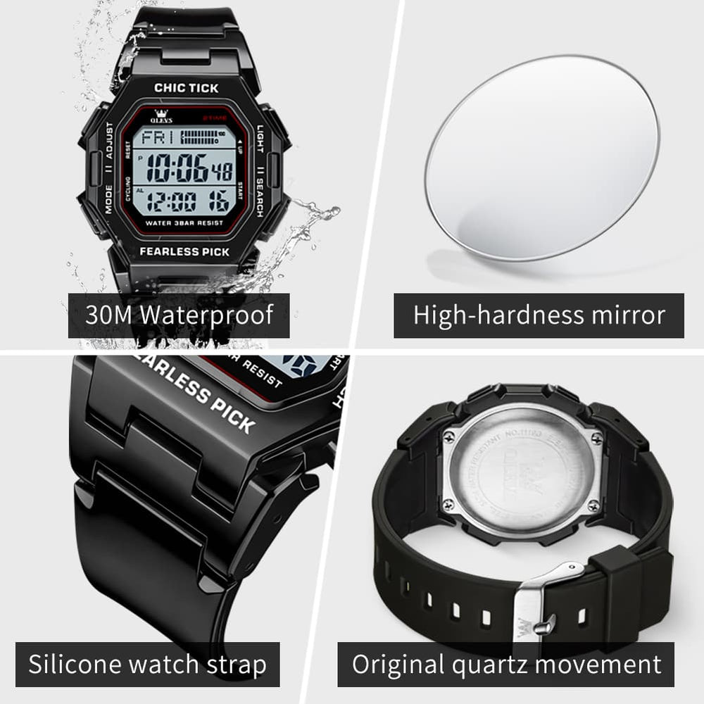 OLEVS 1119 Classic Retro Octagon Digital Sport Watch Unisex - All Black Watch | Olevs Watch Store