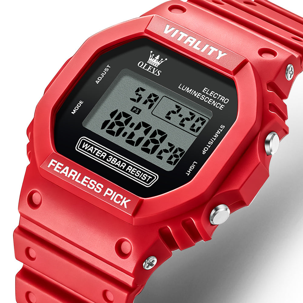 Red digital display closeup - OLEVS 1122