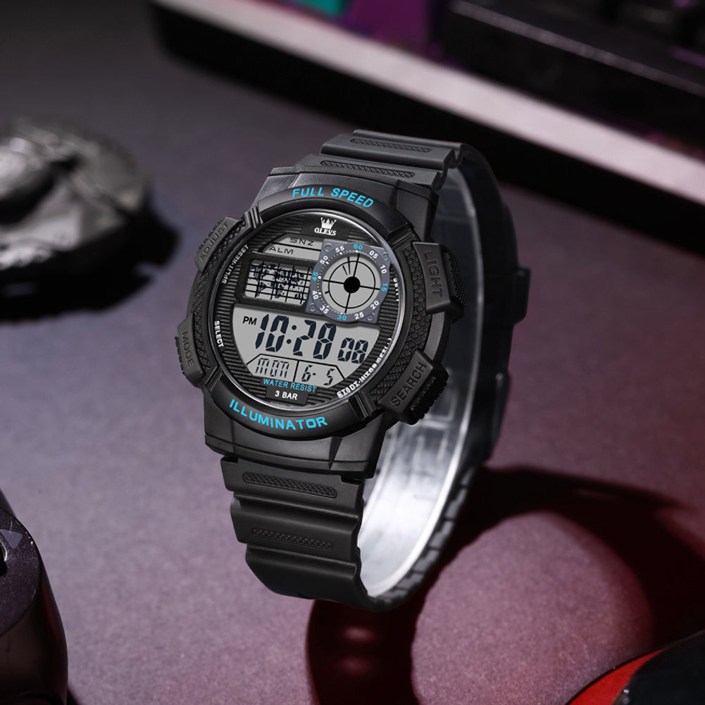 black digital sports watch with blue accents - OLEVS 1123