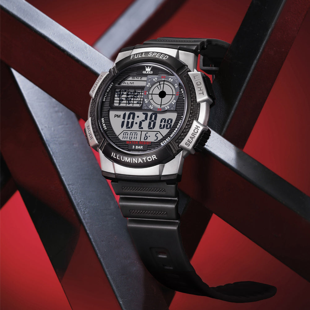 silver black digital watch styled close up - OLEVS 1123