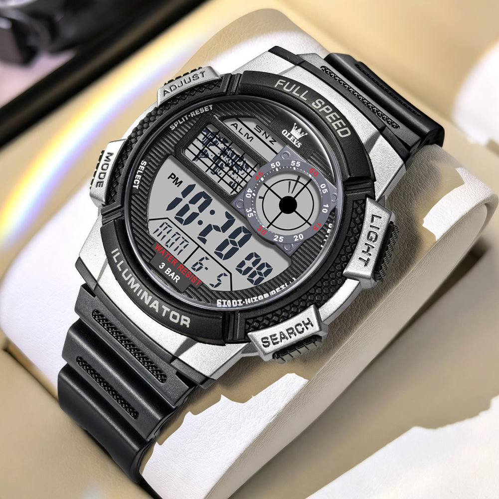 silver black digital sports watch dial close up - OLEVS 1123