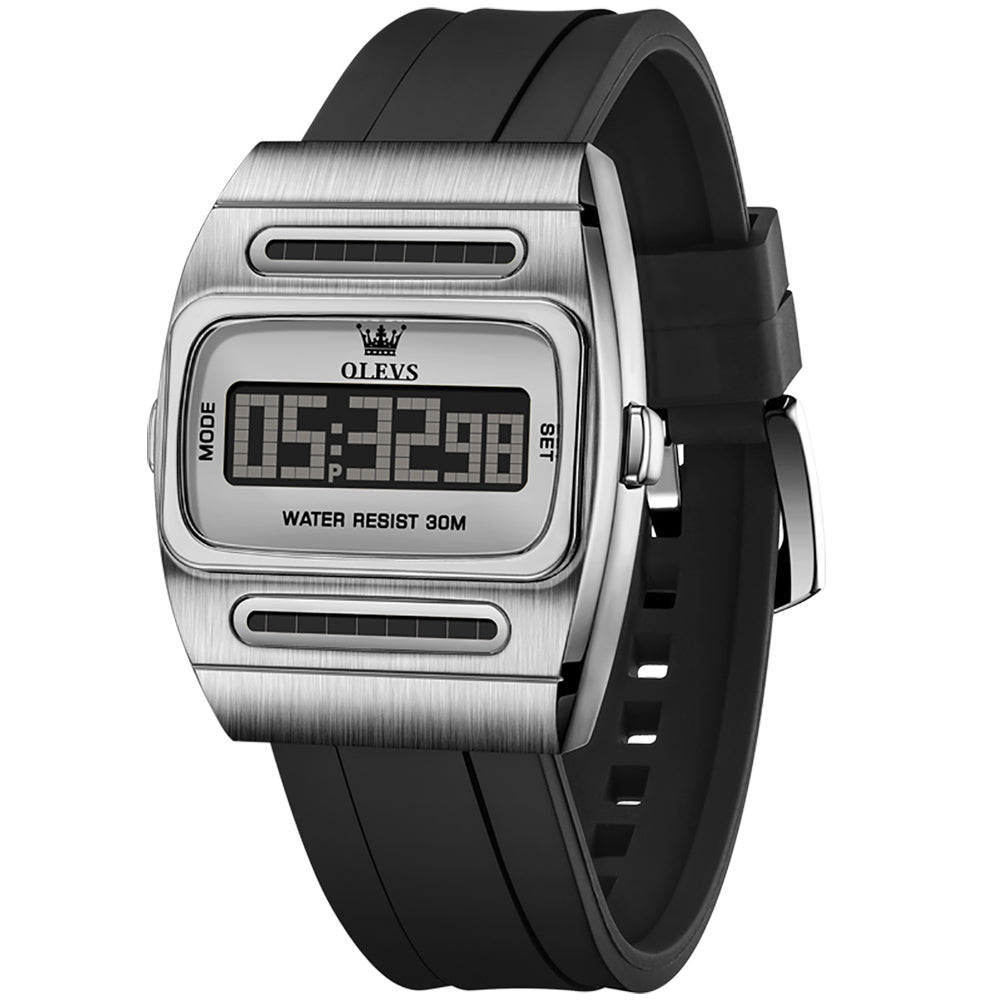 Silver digital watch angled view - OLEVS 1125