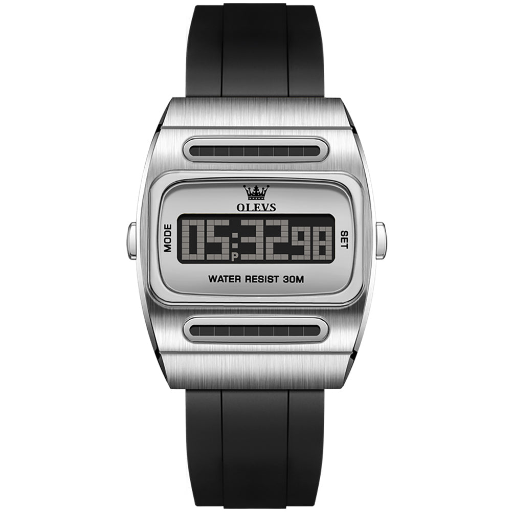 Silver tone case with black silicone strap front - OLEVS 1125